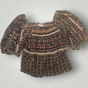 Willow Root Buckle Women’s L Multicolor Print Smocked Puff Sleeve Cropped Top